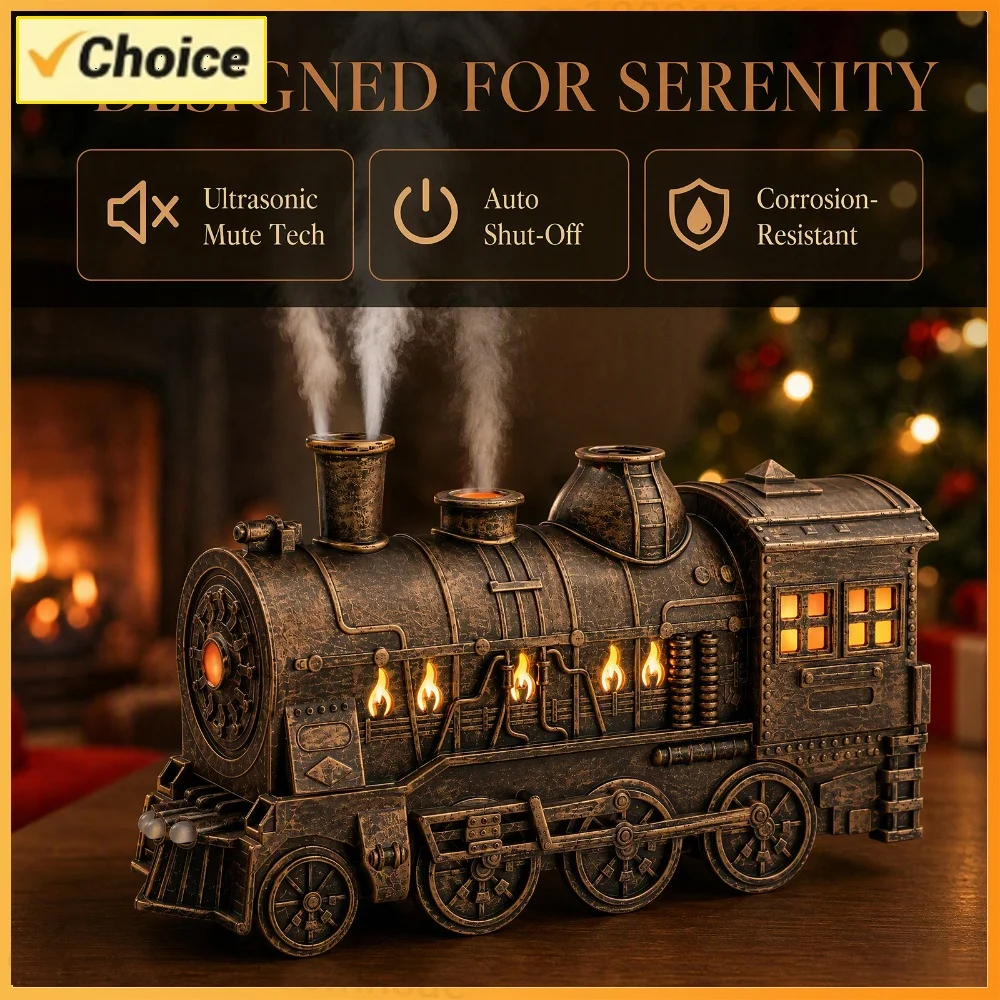Vintage Train Aroma Humidifier 300ml Dual Spray Modes Dual LED Lights 2H/8H Timer Auto Shut-Off Whisper Quiet