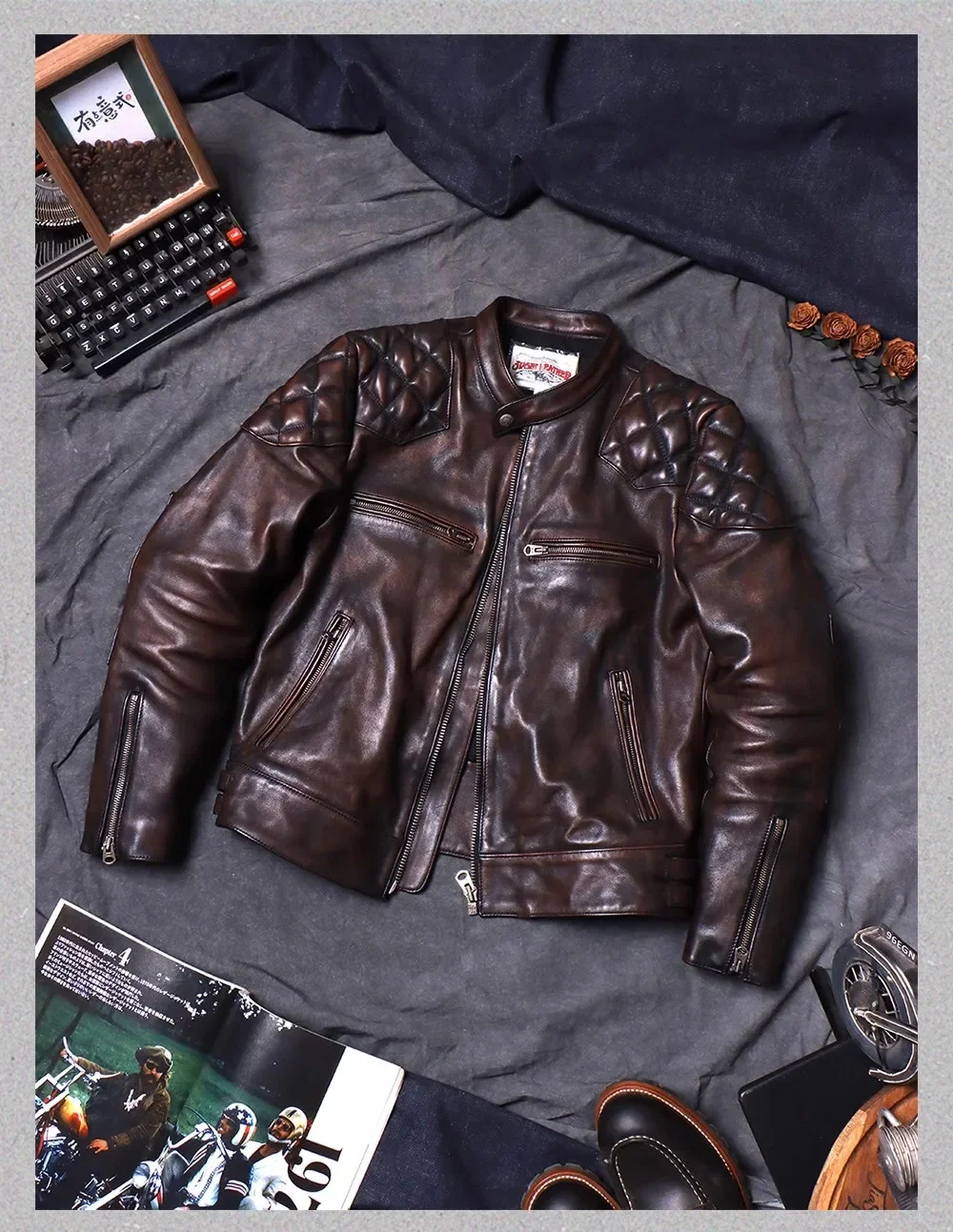 YR Wholesales.Luxury Motor Rider leather jackets.Retro style real coat.Vintage brown horsehide coat.Heavy wear