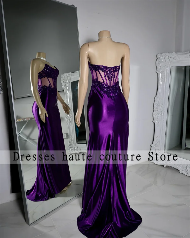 Purple Lace Appliques Mermiad Long Prom Dresses For Black Girl 2025 Crystals Side Slit Customized Birthday Party Gowns