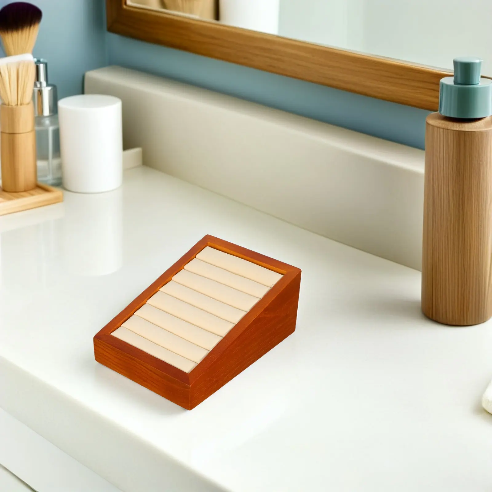 Solid Wood Microfiber Jewelry Display Tray with Precision-Cut Ring Slots for Elegant Showcase Organization in Cabinets Drawers