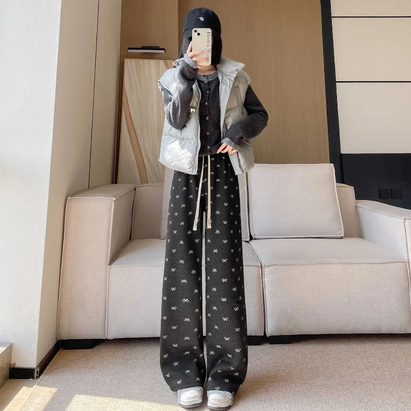 Women's Wide Leg Pants High Waist Fleece Lined Thermal Straight Trousers for Fall Winter Soft Knit Pants with Bow