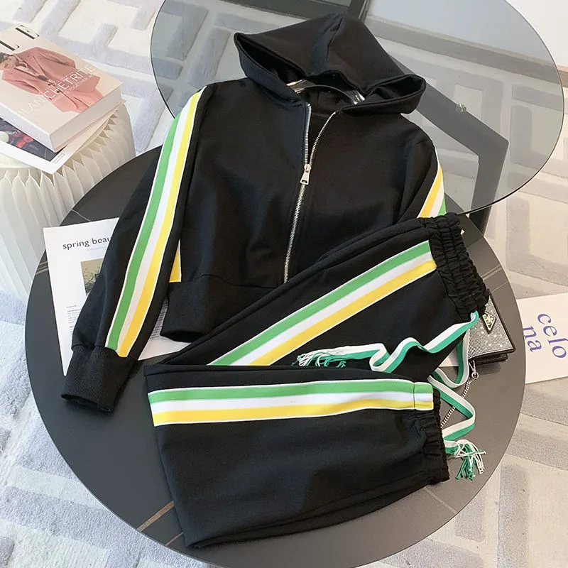 Autumn new Korean casual sports style women's suit slim fit hooded top+fashionable pants two-piece set