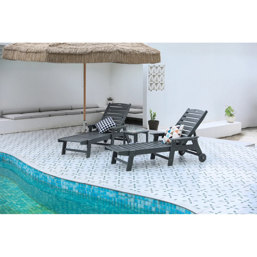 

Lounge Chair with Side Table,3-Piece Oversized Chaise Lounge Chair Set with Wood Texture,Grey,All Weather Patio Lounge Chair