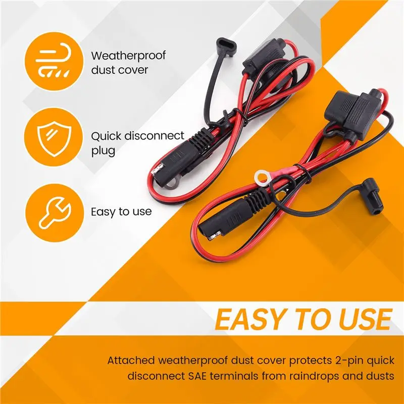 A20K-Foxsur 2Pcs Motorcycle Battery Sae Charging Cable Sae Quick Disconnect Plug To 12V Ring Terminal Fuse