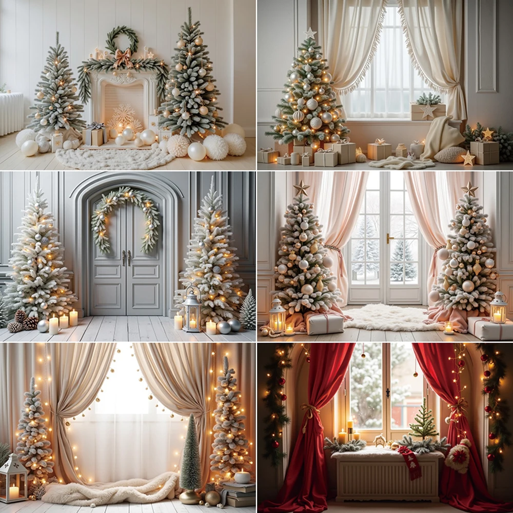 

MOON.QG Christmas Background 2025 New Year Backdrop 2025 Snow Xmas Tree Window Curtain Photography Photocall Back Drop Supplies