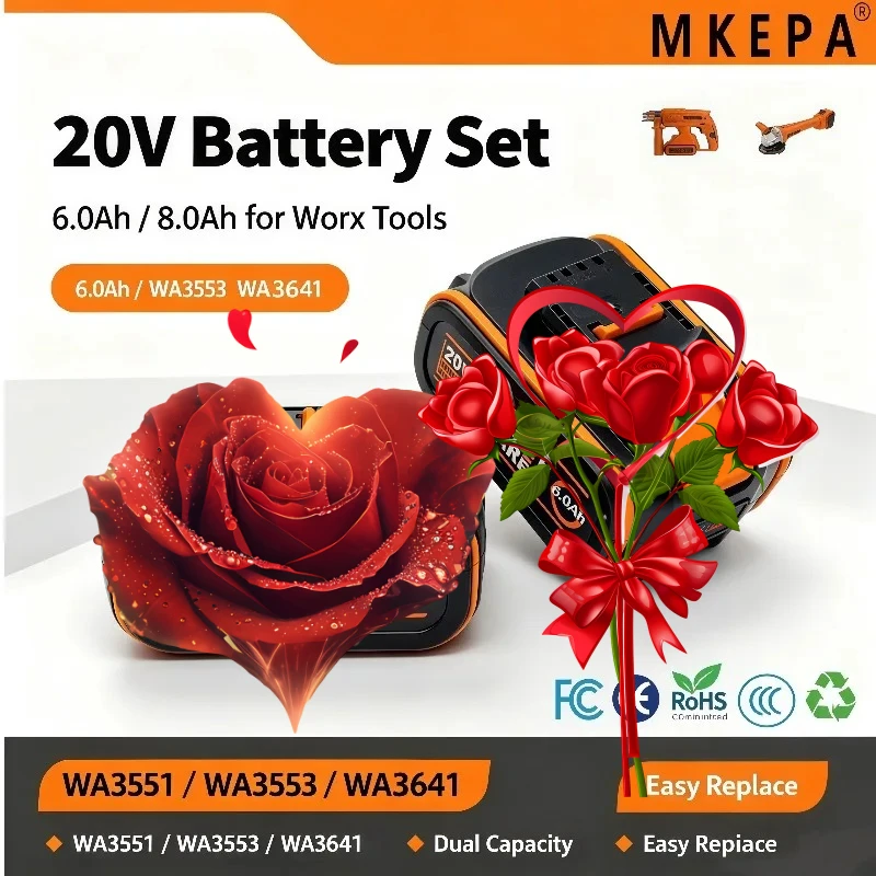 Rechargeable Lithium‑Ion Spare Battery 6.0Ah 8.0Ah With Charger Fit For Worx 20V Cordless Tools No Memory Self‑discharge Feature