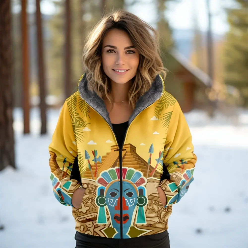 Women Coats Jackets Cardigans Printed Outdoors Tribe Retro Graphics Fleece Winter Warm Casual Streetwear Female Clothing