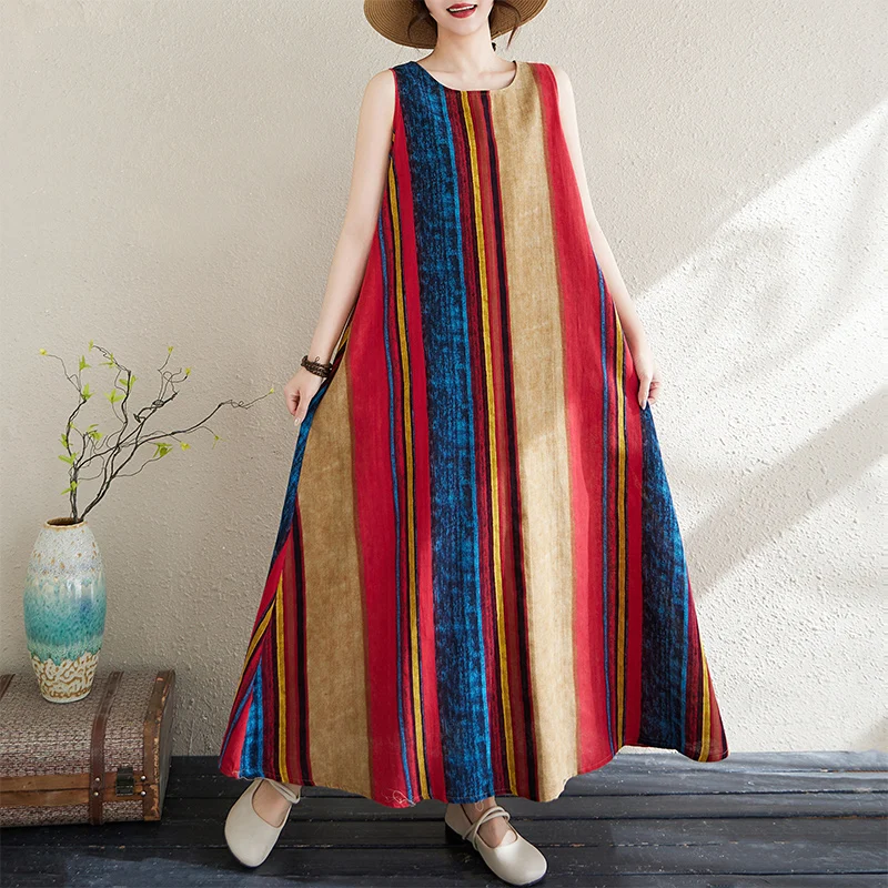 

Summer Bohemian Large Size 220 Pounds Print Cotton Lin Loose Long Skirt Wide Hemline A-Line Dress Sweet Style round Neck