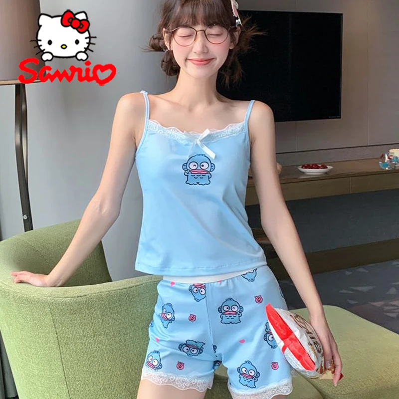

Kawaii Sanrio Hangyodon пижамы мультфильм милая женская кружевная майка шорты ночная рубашка летняя мода сексуальная домашняя одежда с открытой спиной подарки