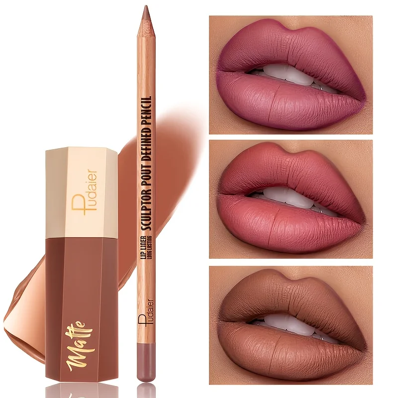 1 conjunto de brilho labial fosco e conjunto de canetas de delineador labial, de longa duração, à prova d'água, não é fácil de borrar, textura de veludo