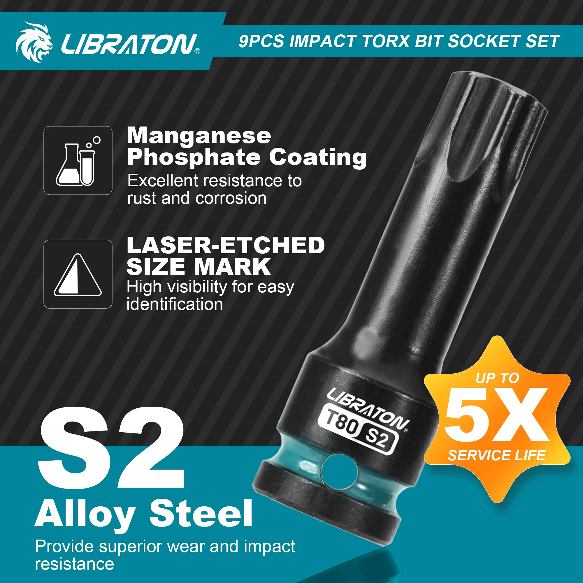 LIBRATON 9 шт., комплект насадок Torx Impact, 1/2 дюйма, ударные головки со звездами T30-T80, профессиональный механический ремонт автомобилей