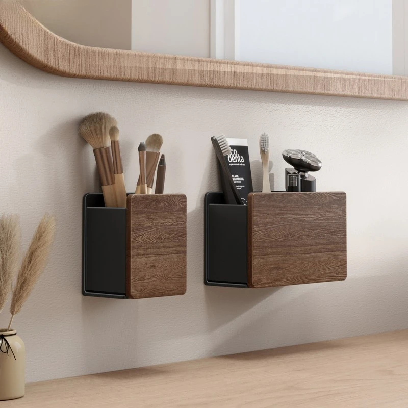 

Multi Purpose Storage Box Wall Mounted Non Perforated Makeup Brush Storage Rack, Bathroom Light Luxury Walnut Storage Rack