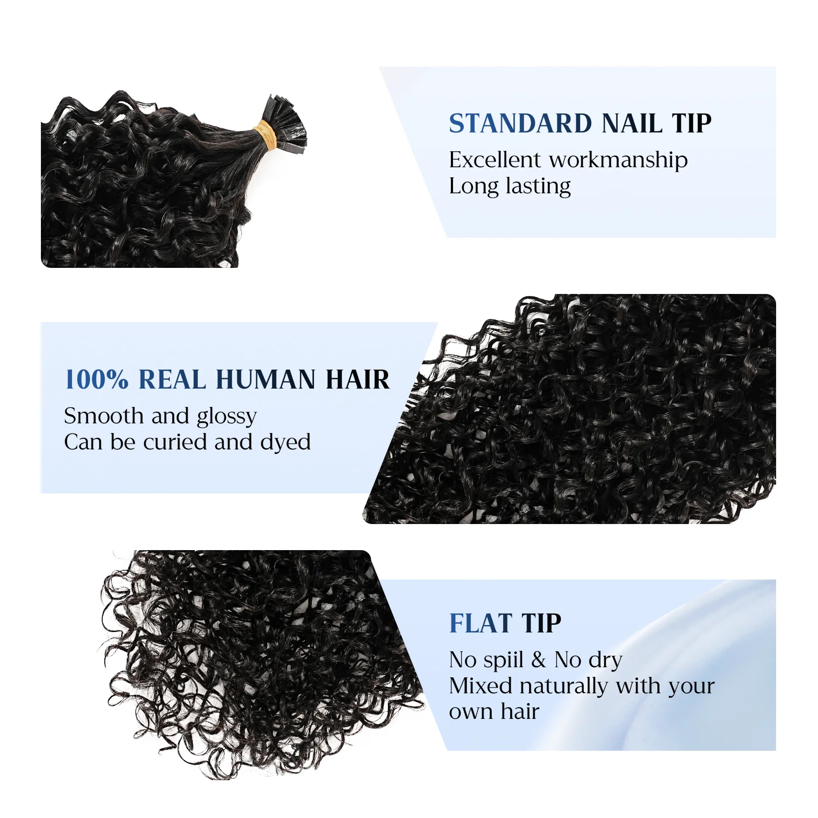 مجعد طرف مسطح وصلات شعر شعر الإنسان موجة المياه قبل المستعبدين طرف مسطح وصلة إطالة شعر طبيعي وقح مجعد الكيراتين الانصهار الشعر #2