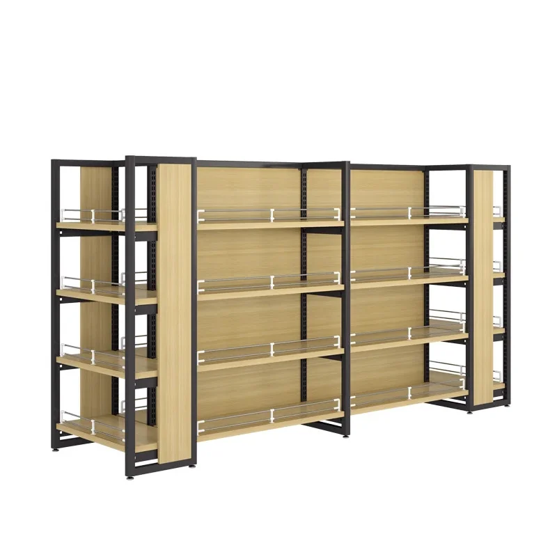 custom.Double-sided Iron and Wooden Rack Supermarket Snack Display Rack