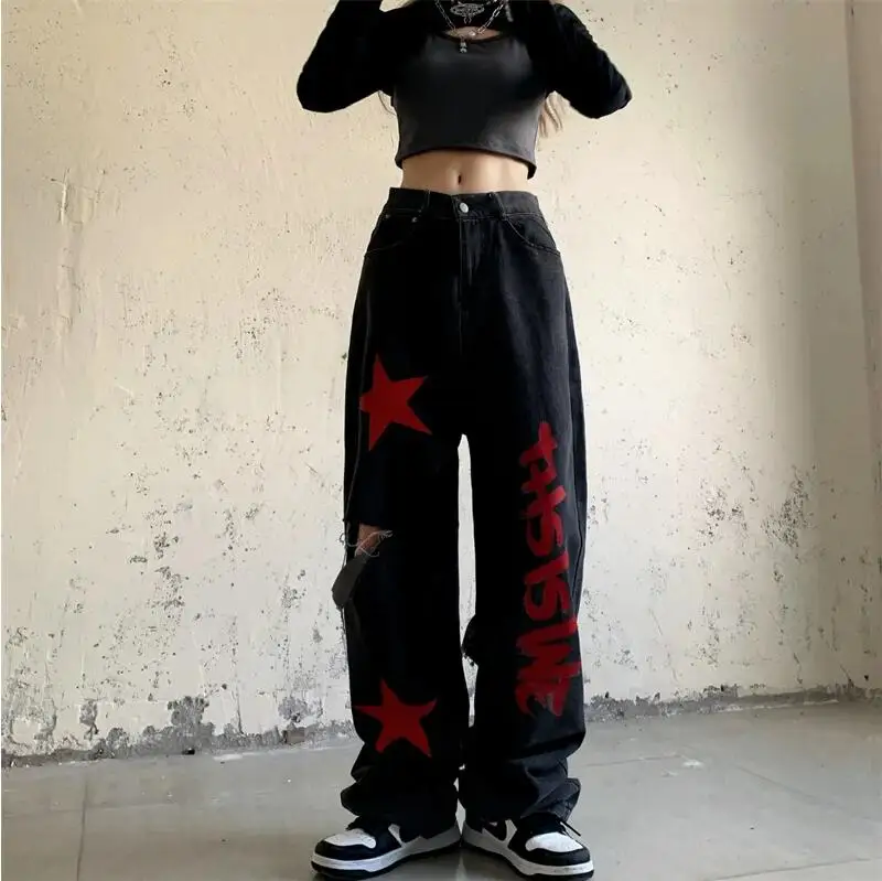 Alt Clothes Jean déchiré Pantalon cargo imprimé étoile rouge Goblincore Cyber Y2k Pantalon en jean à jambes larges Pantalon baggy droit décontracté