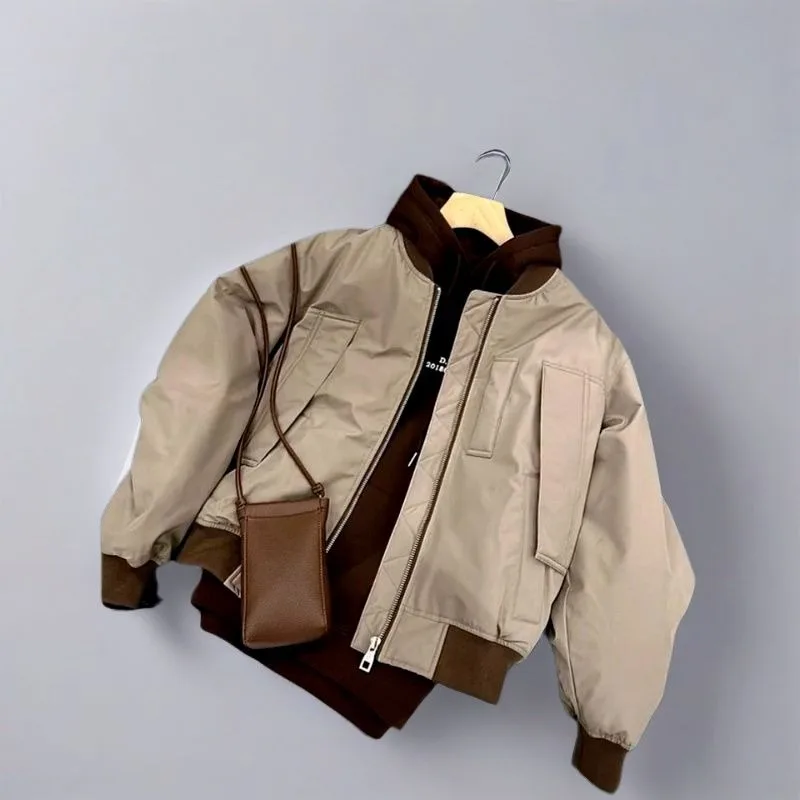 Kids Khaki Baseball Jacket Short Sleeve Casual Jacket Petite Spring Fall 2025 High Quality Maillard Color Outfit