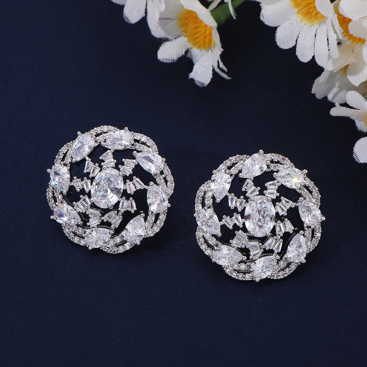 Round Floral Turquoise Tone CZ Statement Stud Earrings, Oval & Pear Gemstone Pave Baguette Crystal Hollow Earrings For Bridal