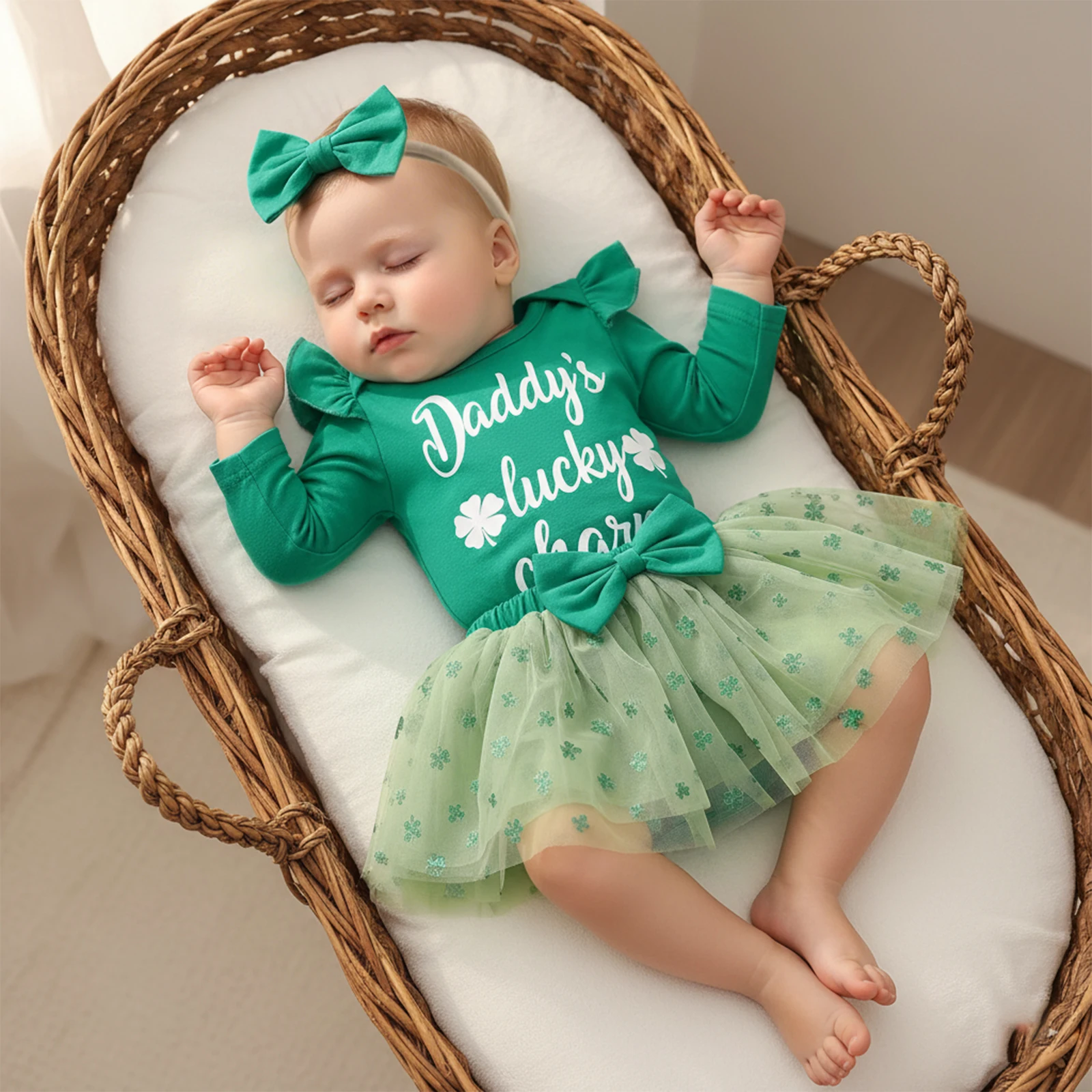 Newborn Baby Girl Irish Outfit Letter Shamrock Print Long Sleeve Romper Tulle Skirt and Bow Headband 3 Piece Spring Set