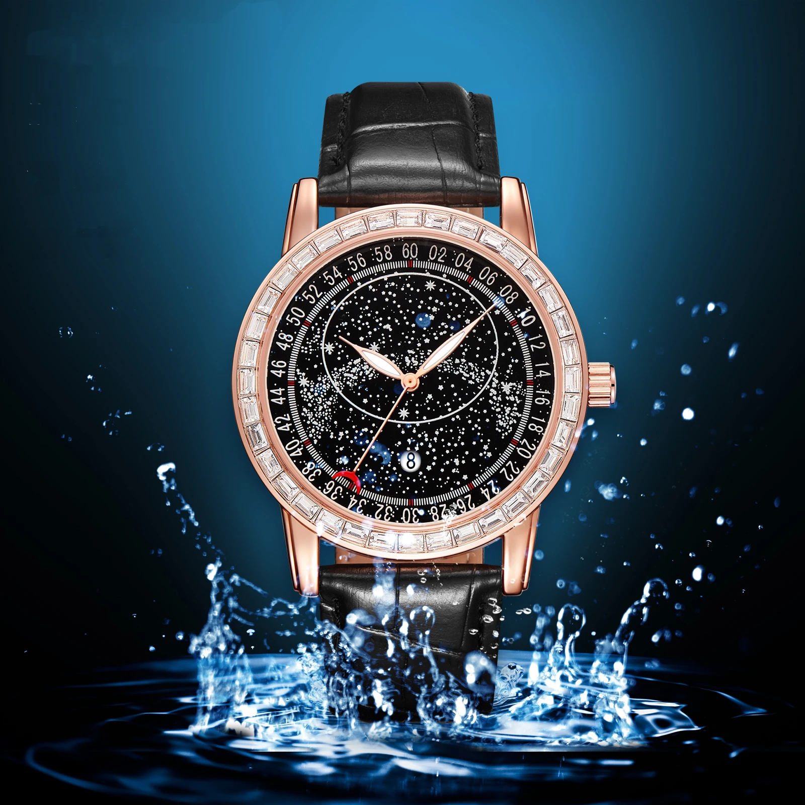 Imagem -05 - Hot Sale Homem Fashion Ver Starry Dial Rose Gold Baguette Diamond Quartz Relógio de Pulso para Homens Relógios de Couro Impermeável