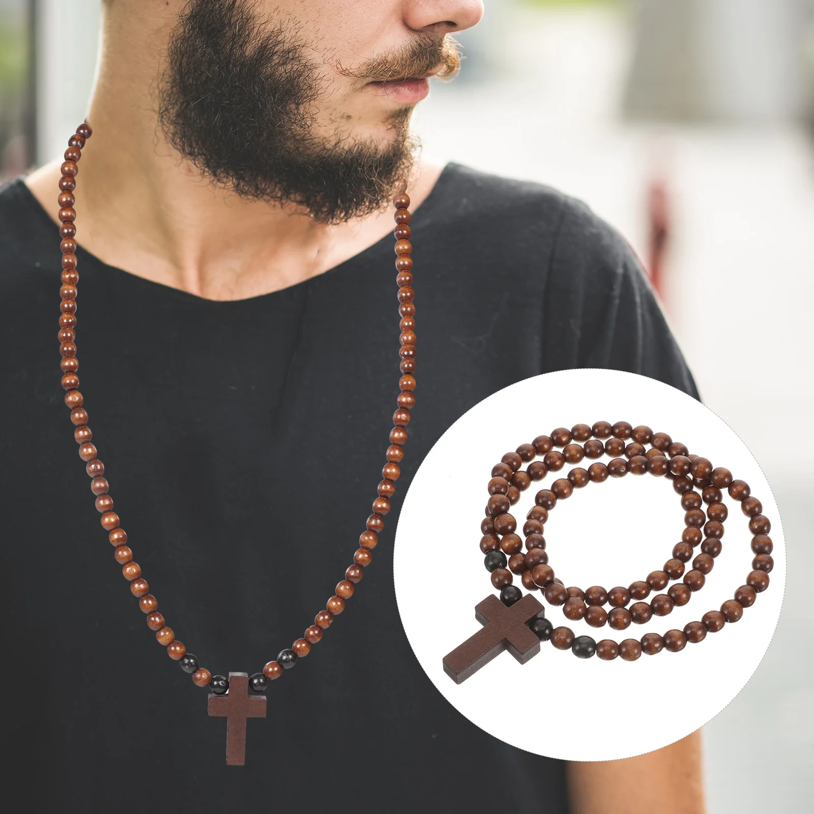 

Gift Necklace Rosary for Men Cross Sturdy Chain Wooden Costume Coffee Color Comfortable