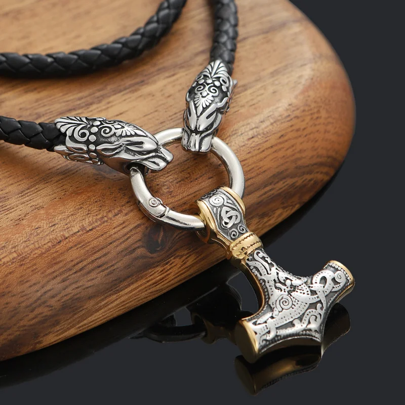 New High Quality Nordic Men\'s Thor Hammer Pendant Necklace Leopard Head Necklace Men\'s Jewelry Gift