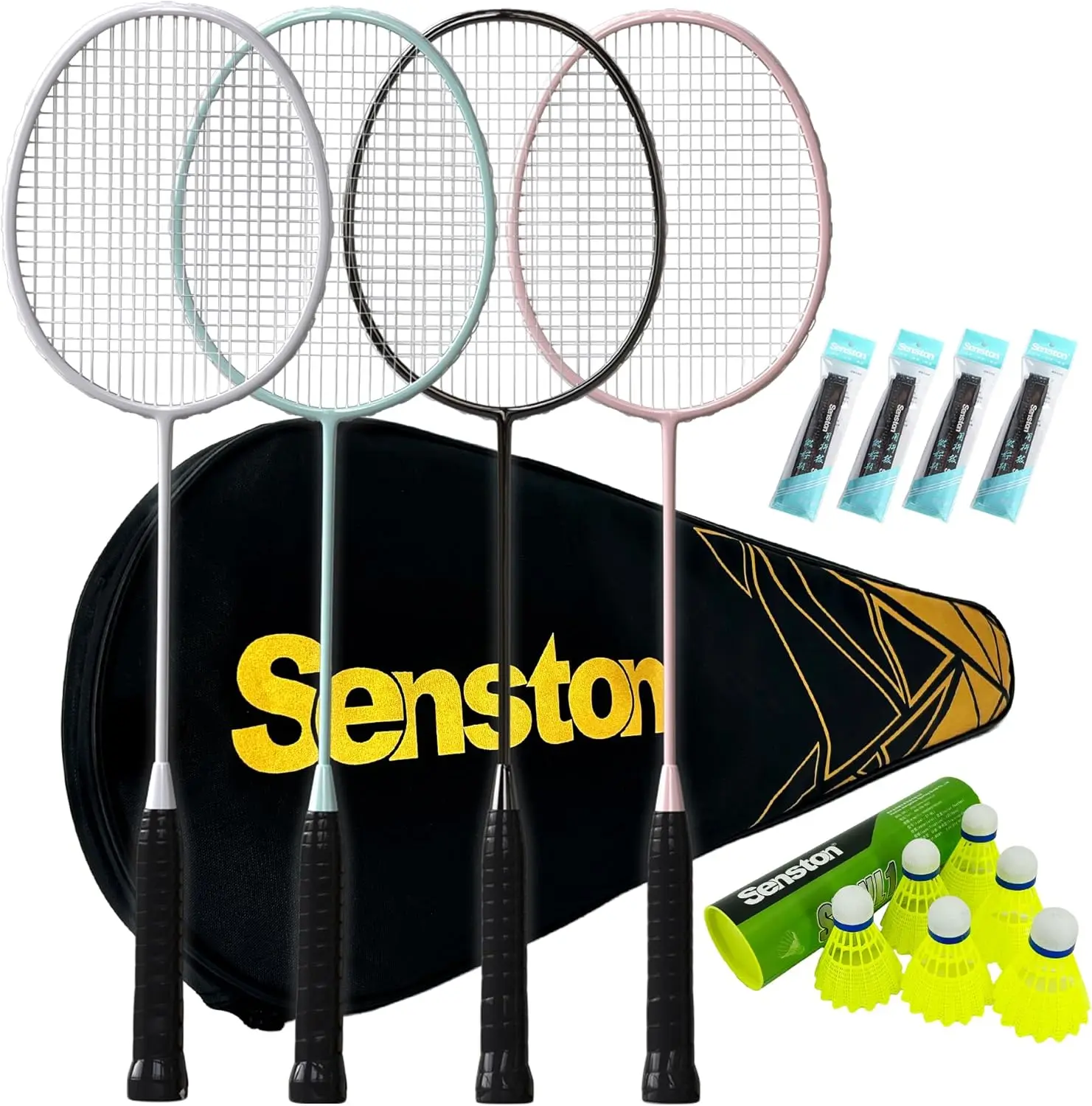 Professional Badminton Rackets Set of 4 with Carbon Fiber, Shuttlecocks, Grips & Bag for Backyard Games - Lightweight 90g