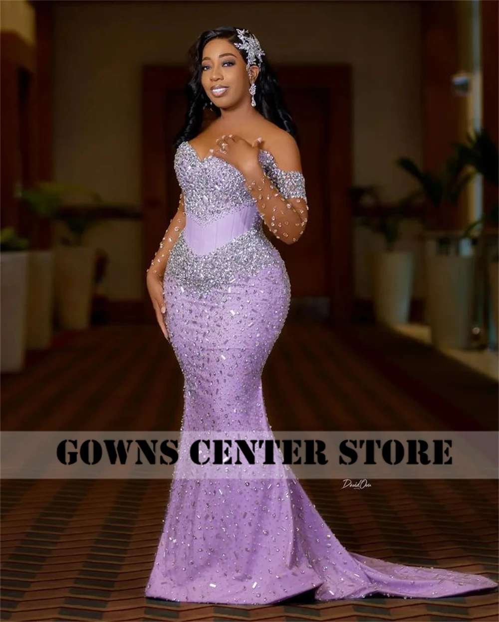 Lilac Off Shoulder Sliver Crystal Beaded Three Quarter Sleeve Aso Ebi Evening Dresses Party Wedding Mermaid African Customized