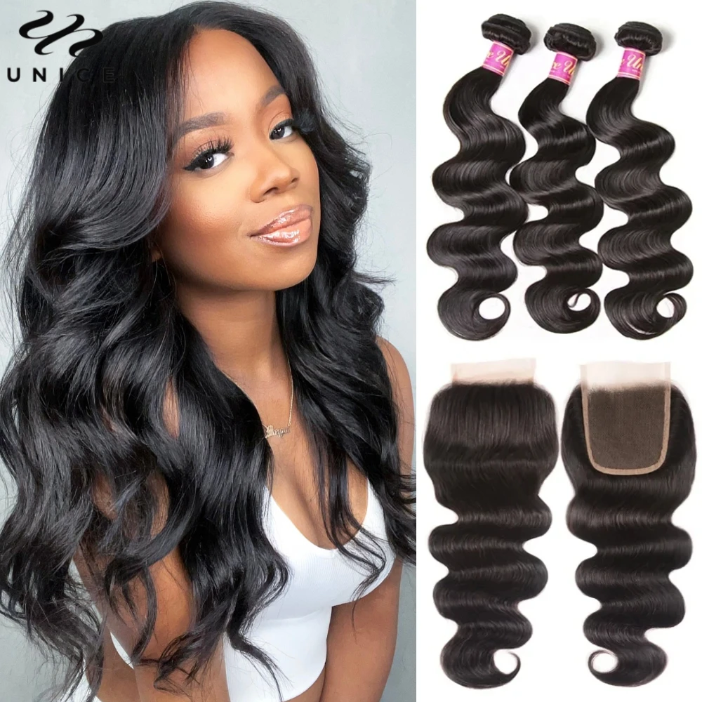 Unice Hair Body Wave Human Hair Bundles With Closure Natural Color 100% Human Hair 3/4 PCS Bundles With 4x4 Inch Lace Closure