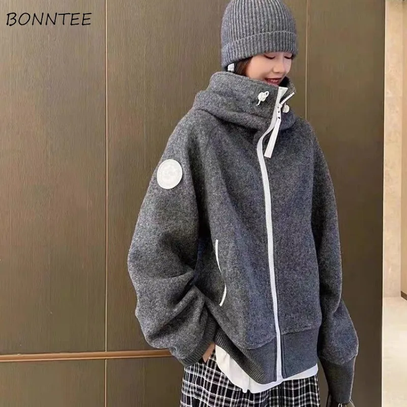 Jaquetas com capuz femininas primavera outono mais veludo mais grosso casual estilo esportivo all-match solto bolsos com zíper roupas à prova de vento novo