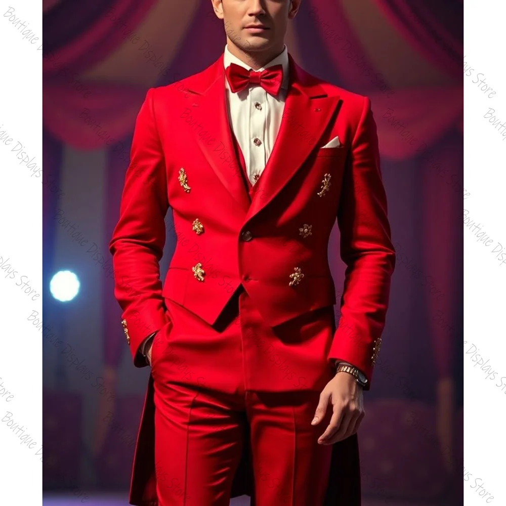Handsome Red Men Suit Double-breasted Peak Lapel 3 Pieces(Jacket+Pants+Vest) Male Formal Wedding Party Set