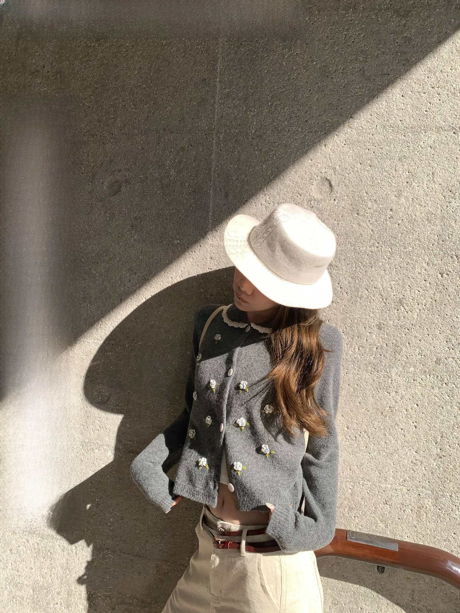 

Anline Handmade ey Knitted Sweater Spring Floral Collar Design Korean Sle Long Sve Cardigan Women's Faion