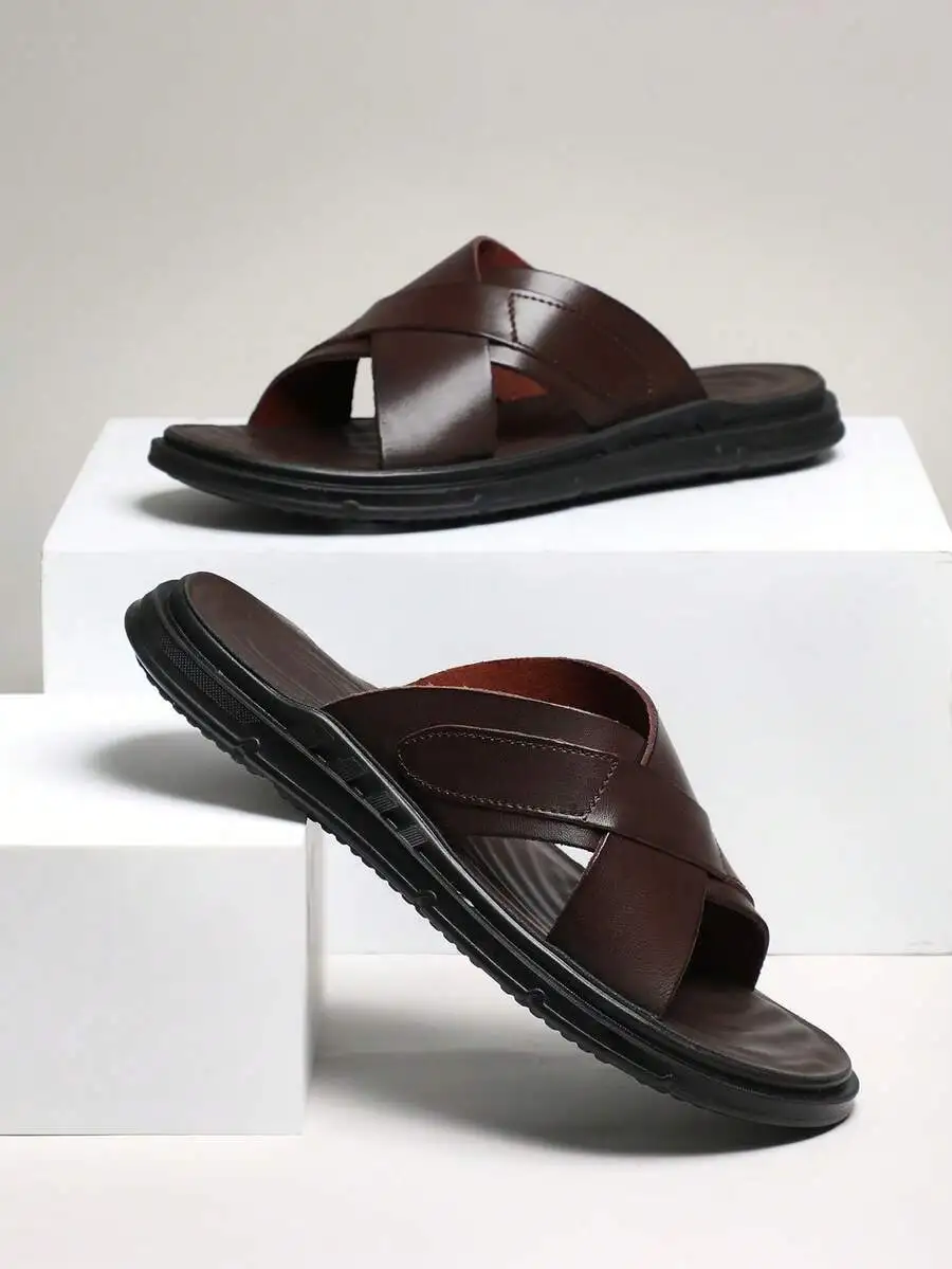 

Cushioned Non Slip Leather Sandals, Cross Band Slides for Men All Day Daily Casual Wear