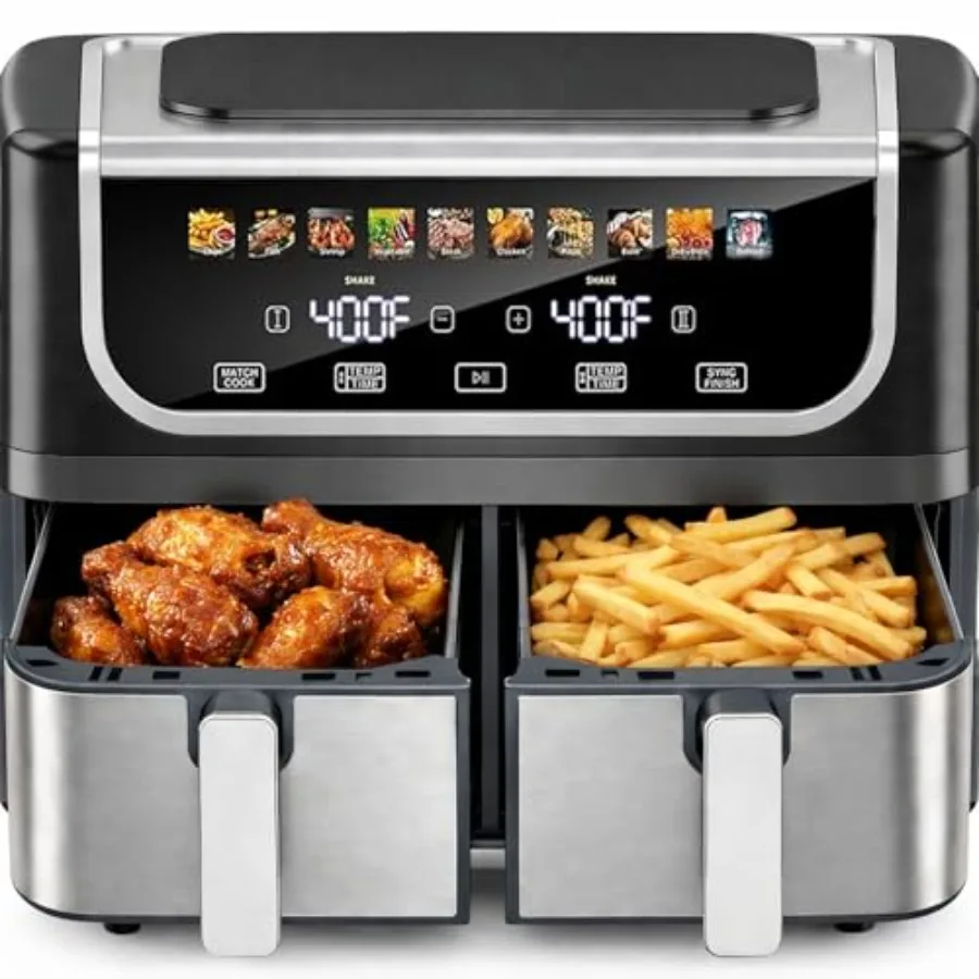 

9.5-Qt Dual Basket Air Fryer 10-in-1 Digital Preset 1700W Air Fryer with Sync Cook Independent Temp Control Shake Reminder Nons