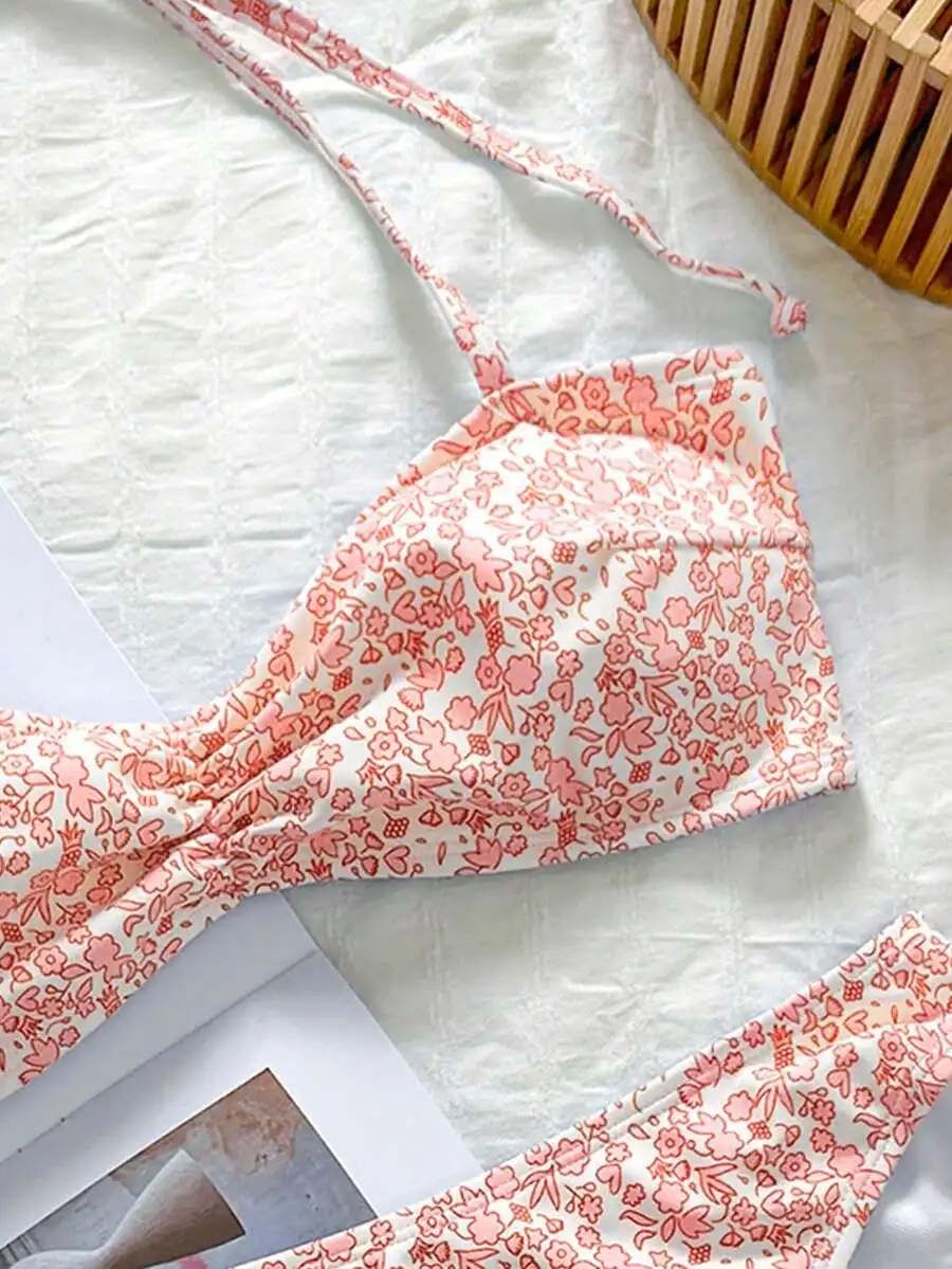 

Women Pink Floral Bikini Set Retro Casual Beach Vacation Swimsuit