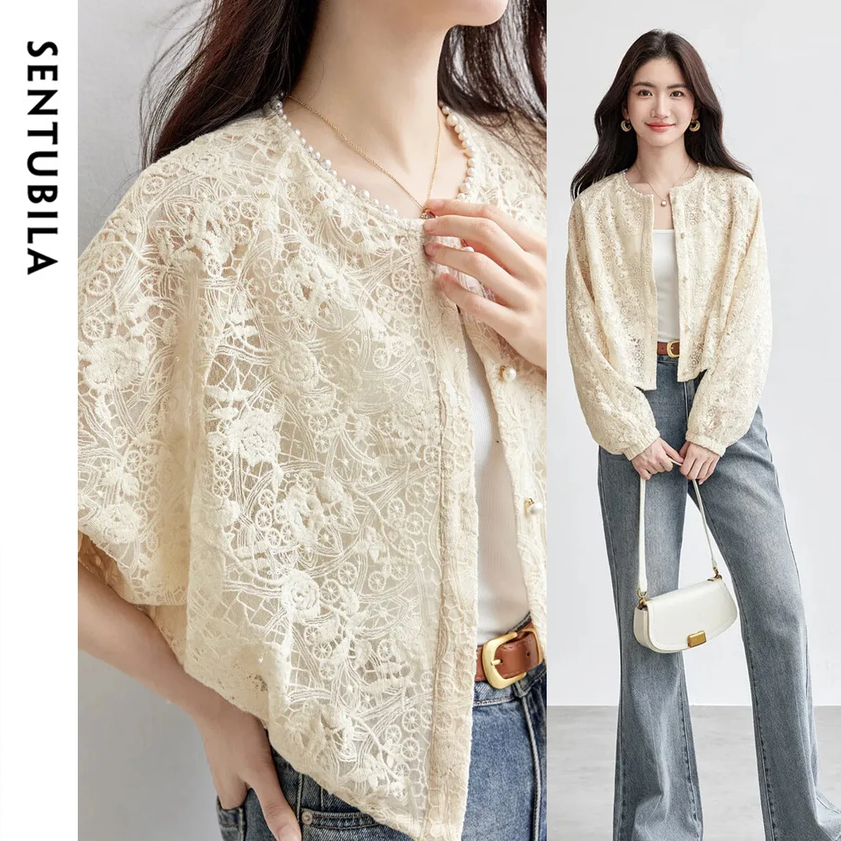 

SENTUBILA Lace Jacket Women Pearls Round Neck Hollow Out Coats Autumn 2025 Beading Embroider Pleated Hem Short Jackets T53WB1813