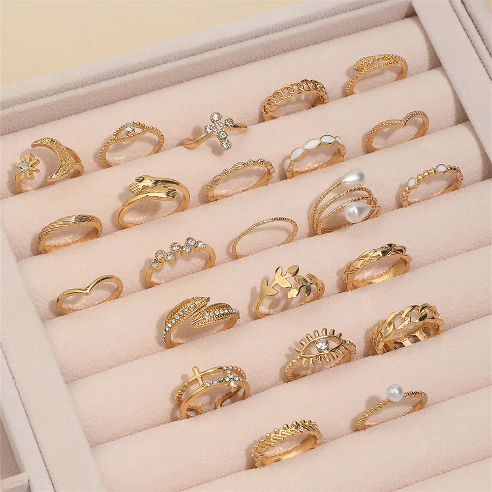 23Pcs/Set Faux Pearl Cross Eye Moon Star Hug Leaf Snake Chain-Shaped Metal Multi-Element Rhinestone Ring For Women Birthday Gift image 4