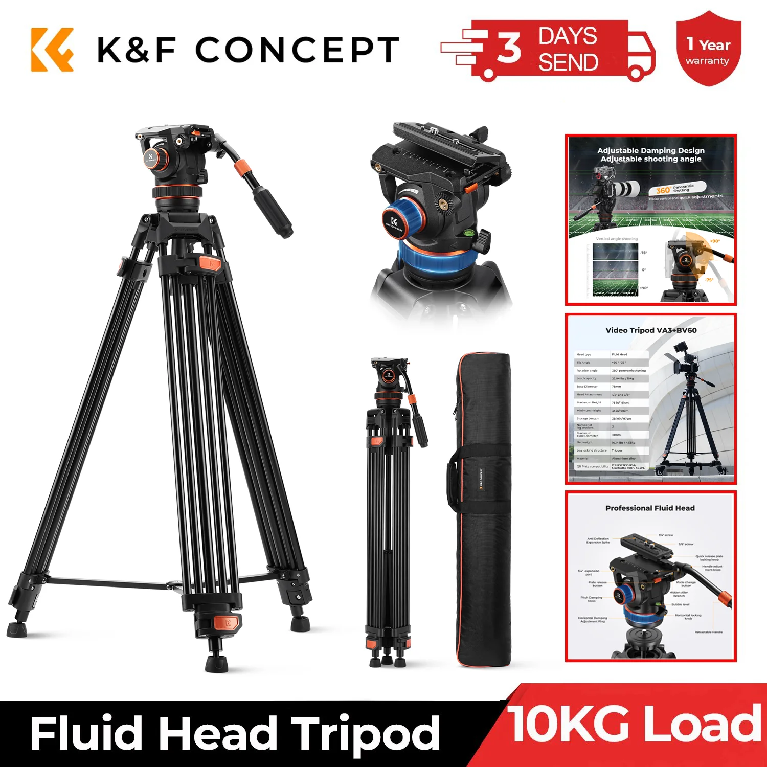 

K&F CONCEPT 22lbs/10KG Load Capacity Fluid Head Tripod Max 1.91m Professional Video Camera Tripod for Heavyweight Camera VA3BV60