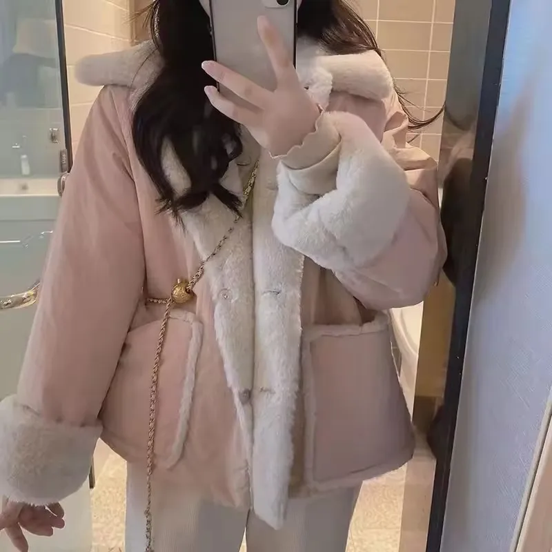 

Kawaii Pink Lapel Double-Sided Wear Plush Outerwear Women Autumn Winter Plus Velvet Thick Warm Coats Single Breasted Pocket Tops