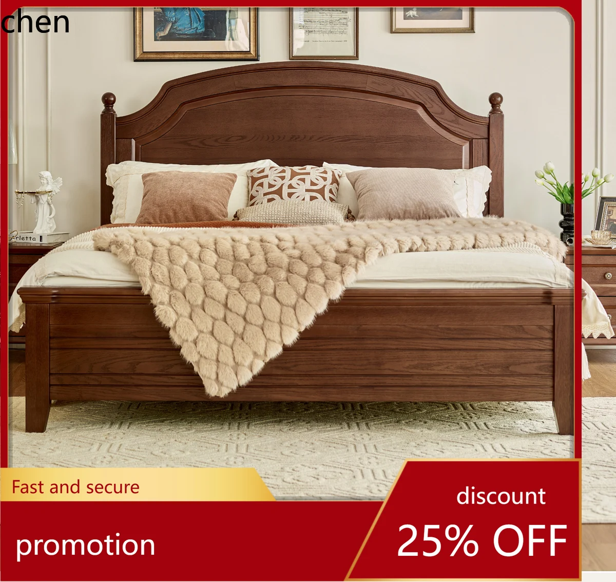 

HT Retro Style Solid Wood Bed 1.8m Large Bed Master Bedroom Vintage Style Double Bed Modern