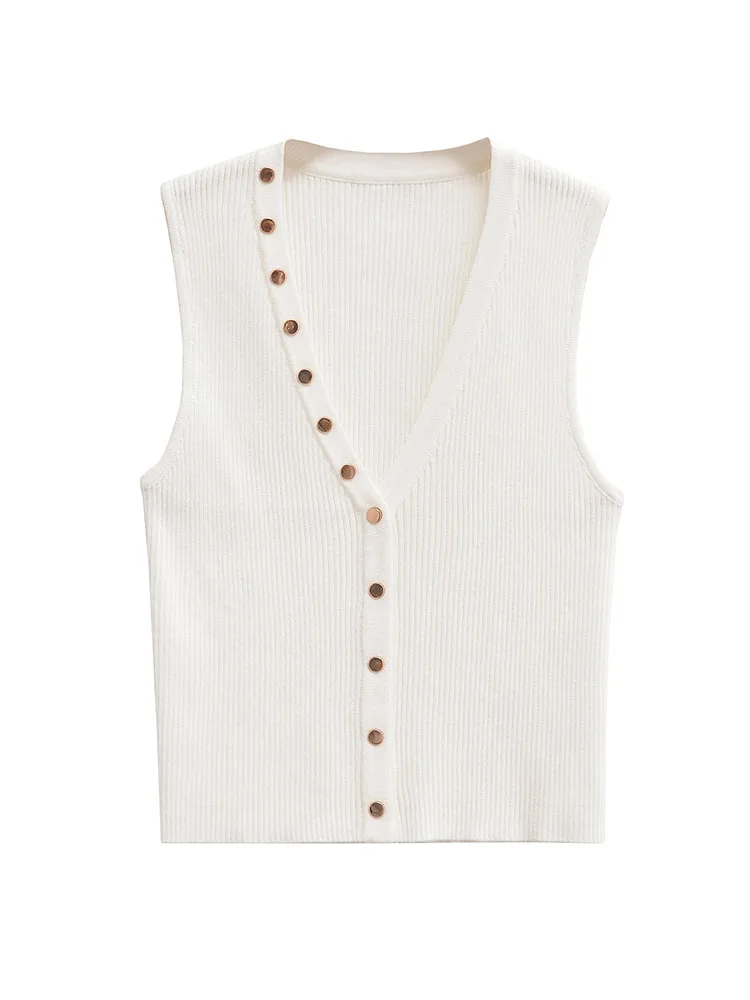 

2024 new summer style European and American style women's hottie style button-decorated V-neck sleeveless knitted vest top