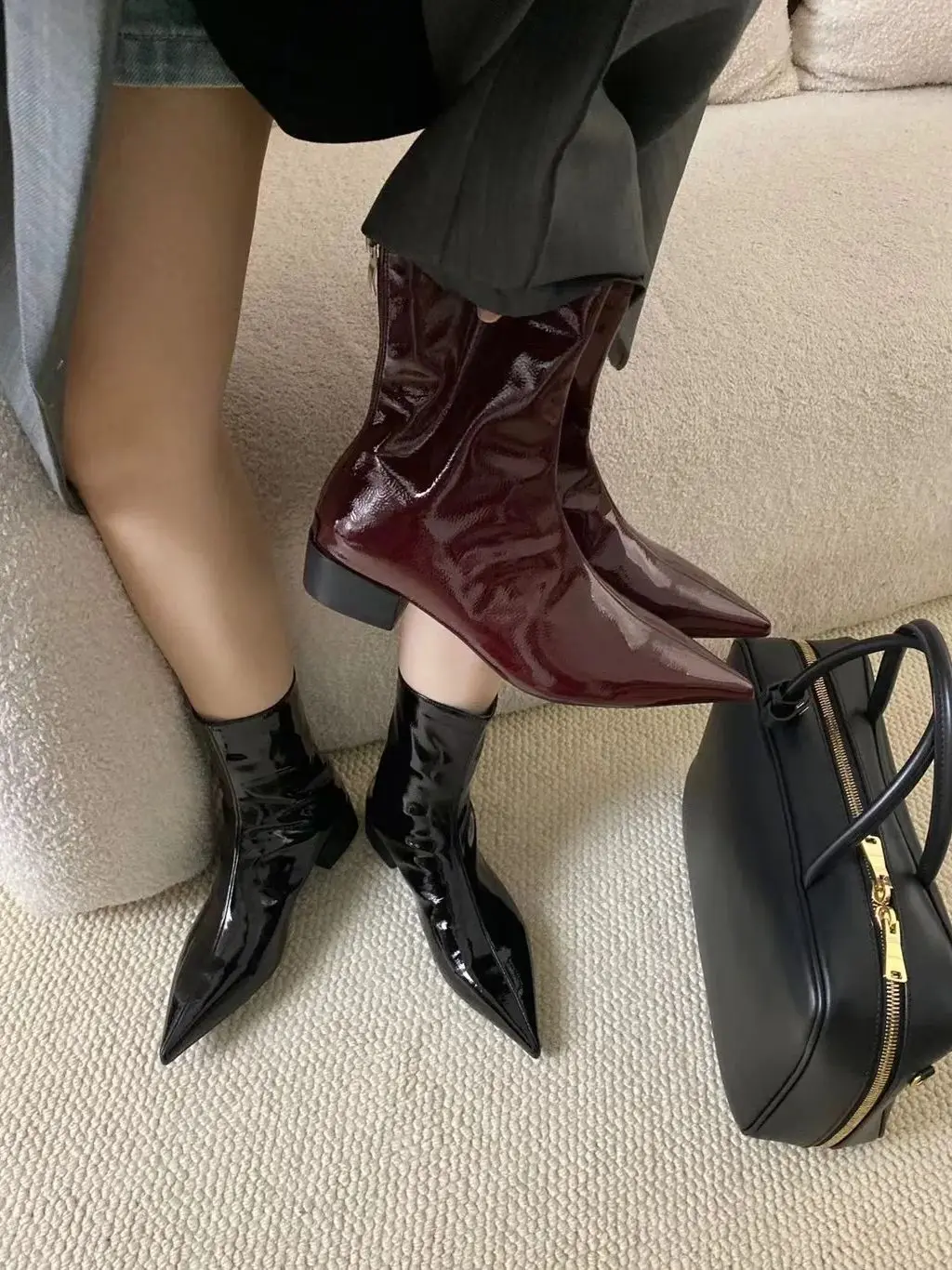 Pointed Toe Women Ankle Boots Patent Leather Sock Botas Flat Low Heels Black Wine Red Slip On Winter Short Bootie Sexy 35-39