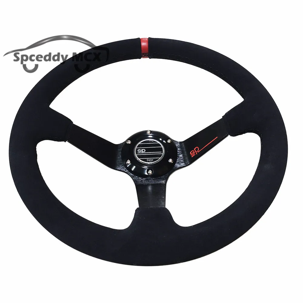 Sp Deep Dish Suede Leather Red Yellow Spoke 14inch 350mm Car Sport Steering Wheel Personalized Sports Modification Accessories