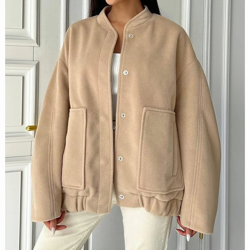 

Women's Autumn Winter Coat Casual Solid Color Single Breasted Long Sleeve Stand Collar Pockets Basic Style