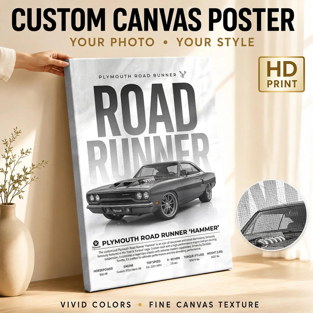 Sleek black Plymouth Road Runner 'Hammer' car Framed Canvas Poster Customized Photo Retro Automotive Wall Art for Garage Decor