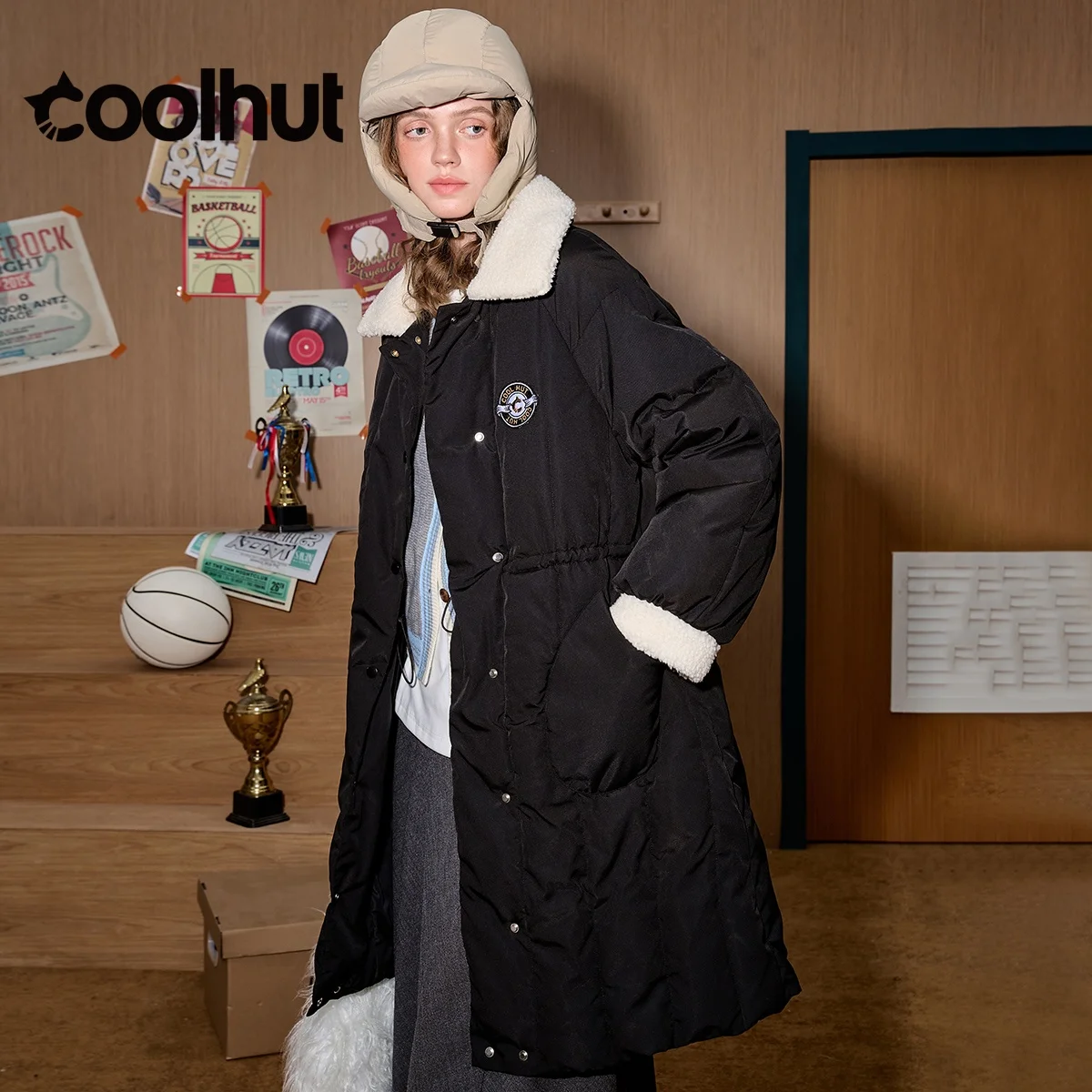 

COOLHUT новое женское академическое длинное пальто с зубчатым воротником, зимняя стеганая парка с лоскутным значком, куртка-пуховик средней длины