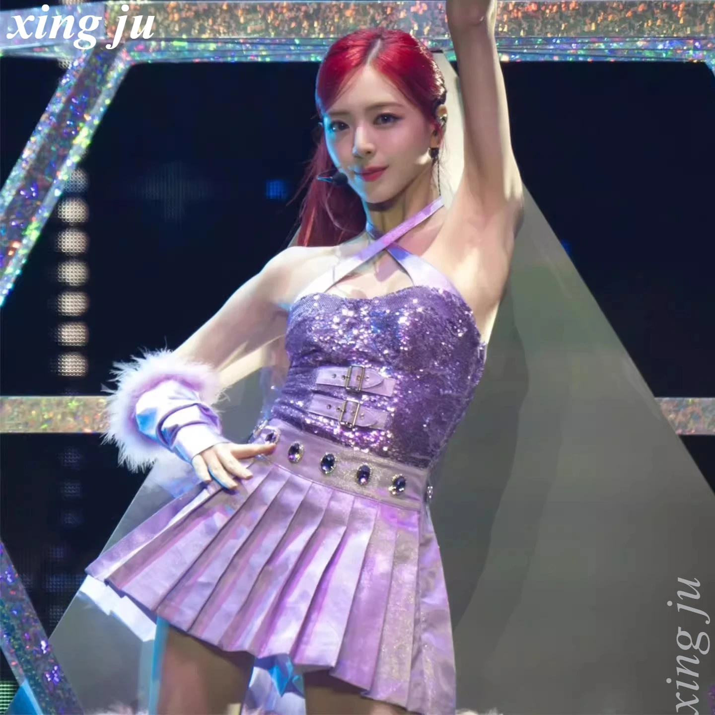 Nowa Kobieta Piosenkarka Kpop Fioletowe Cekiny Top na Ramiączkach Obcisła Plisowana Spódnica Strój Sceniczny Ubrania do Tańca Jazzowego Kostium dla Dziewczyny Tancerki Hip Hop