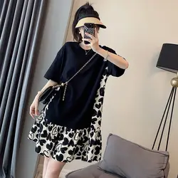 Summer New Black Patchwork Printing Mini Dress Short Sleeve O-Neck Loose All-match T Shirt Dress Casual Fashion Women Clothing