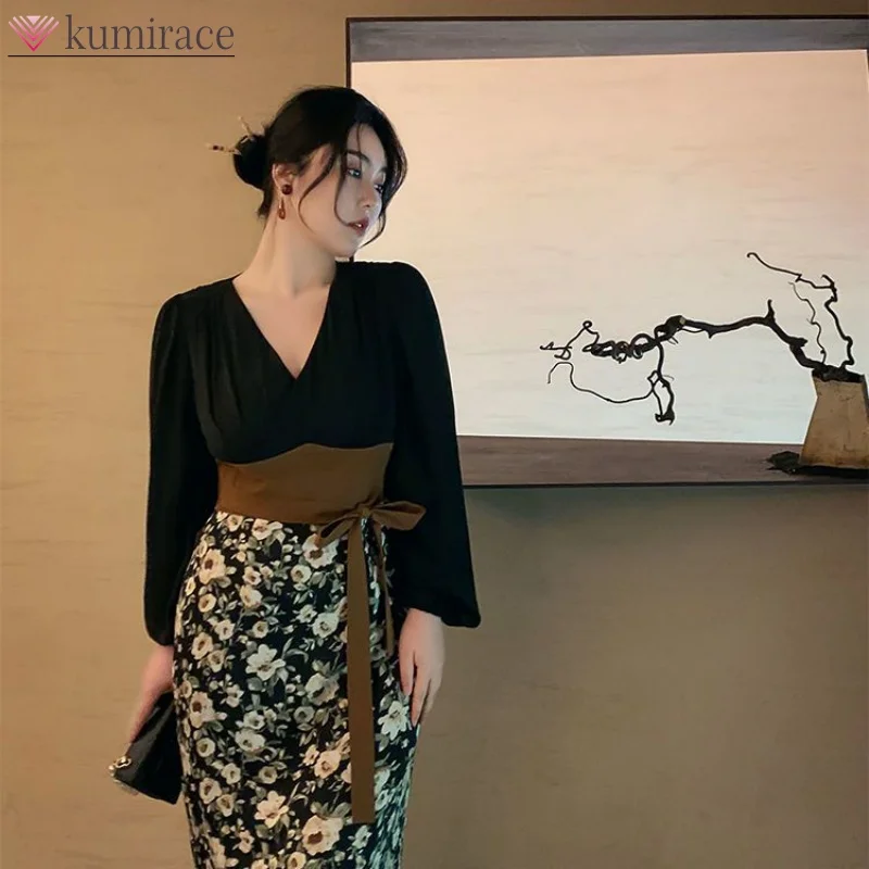 

Large Women's 2024 Spring And Summer New Versatile Waist Closing Chinese Style Splicing Dress Slim Fit and Elegant Long Dress