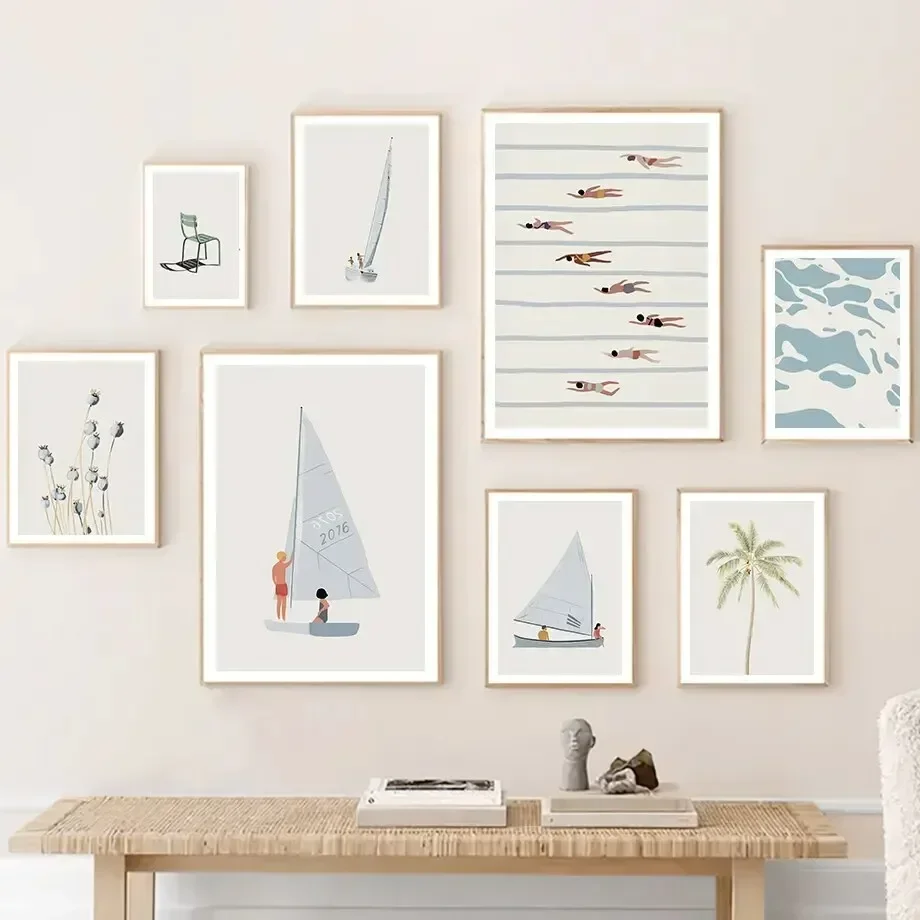 Pintura en lienzo de velero, carteles de piscina, playa y océano, temática Floral minimalista, impresiones artísticas de pared, imágenes ideales