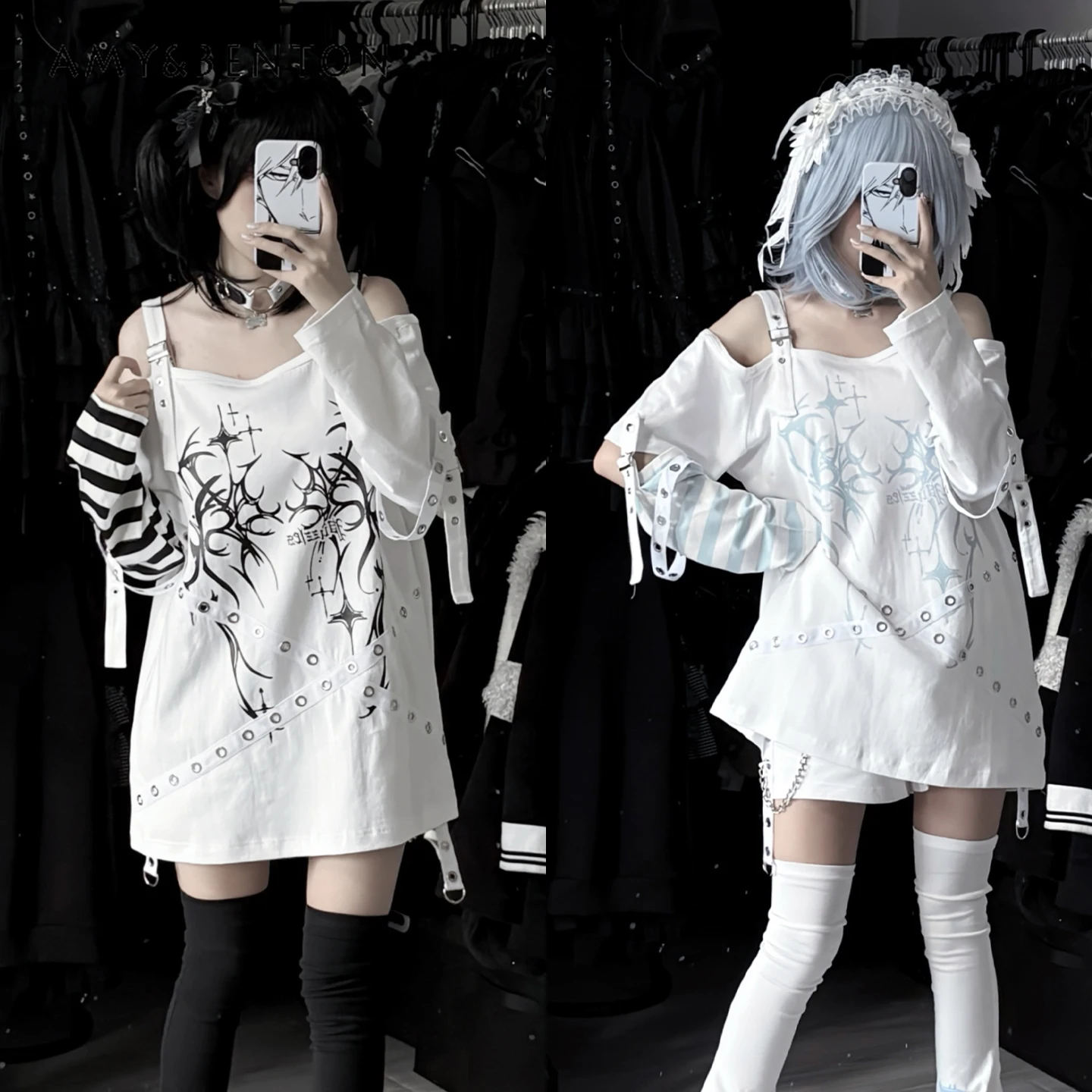 

Original Gothic Animation Print Off-the-shoulder Short-sleeved T-shirt Subculture Punk Hollow Splicing Long-sleeved Top Women